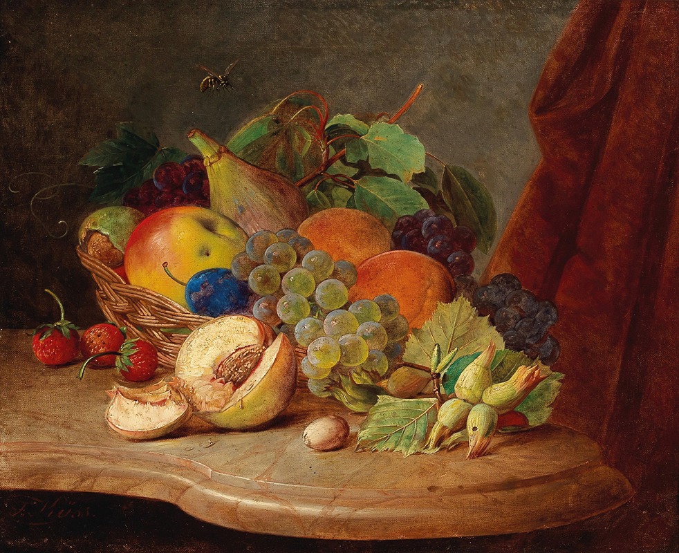 Ferdinand Küss - Still Life with Basket of Fruit and Bee
