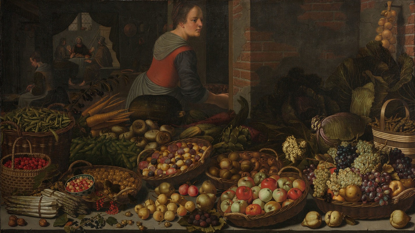 Floris van Schooten - Still Life with Fruit and Vegetables, with Christ at Emmaus in the background