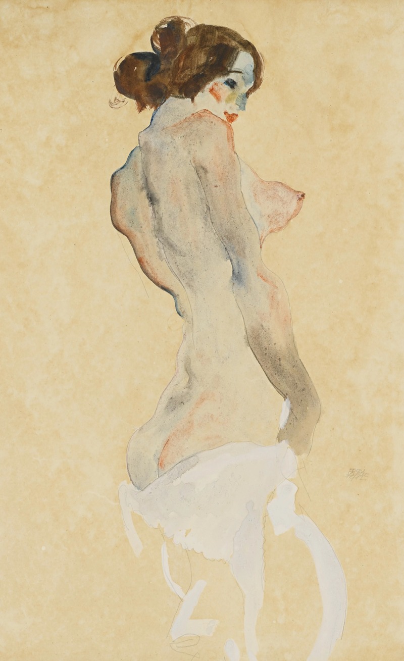 Egon Schiele - Stehender Akt mit weissen Tuch (Standing nude with white drapery)