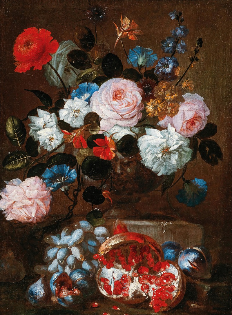 Franz Werner von Tamm - Flowers in a vase with grapes and a pomegranate