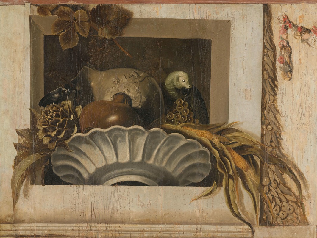 Jacob van Campen - Still Life with a Bowl of Corn, Artichokes, Grapes and a Parrot