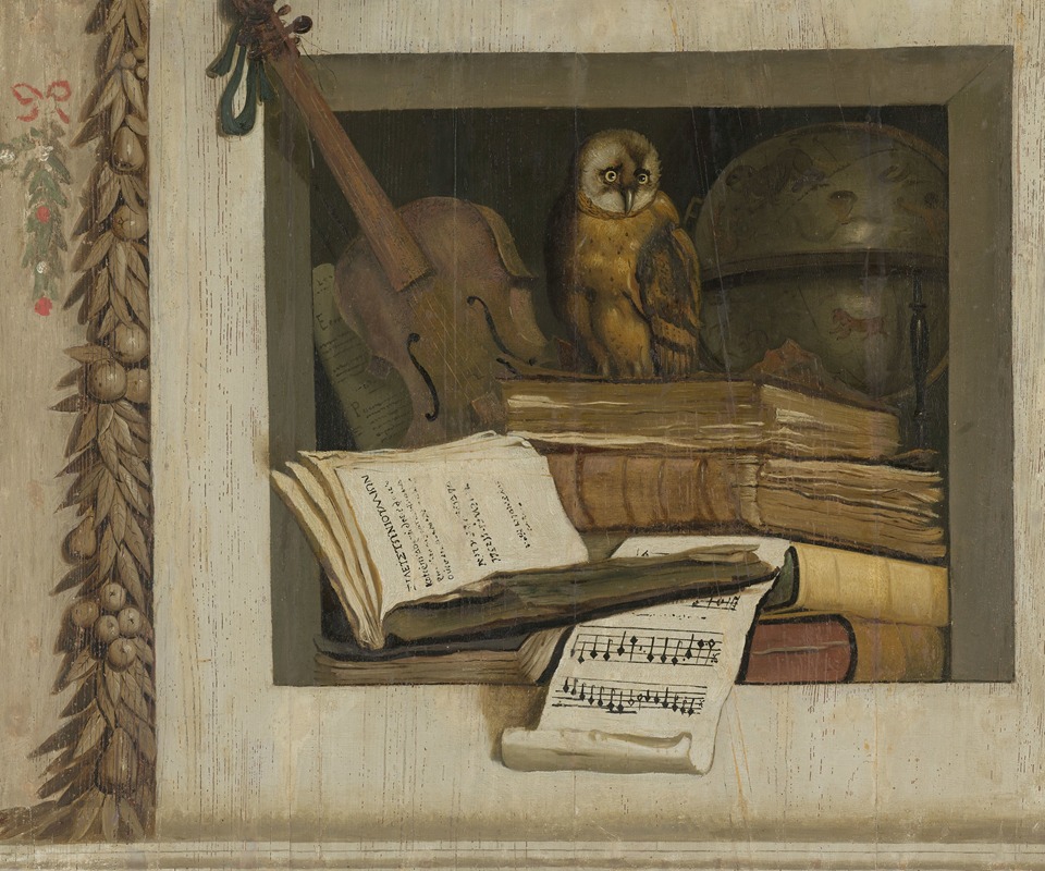 Jacob van Campen - Still Life with Books, Sheet Music, Violin, Celestial Globe and an Owl