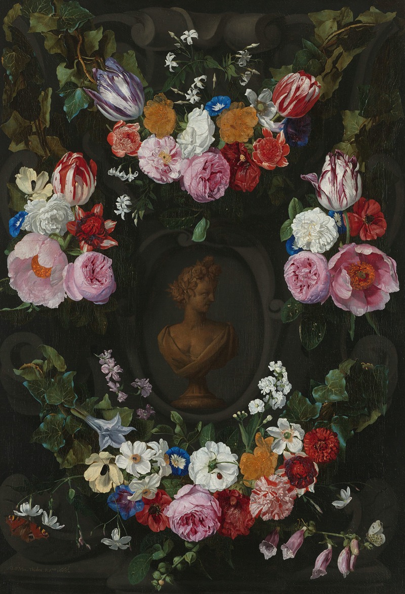 Jan Philips van Thielen - Cartouche Decorated with Swags and Sprays of Flowers