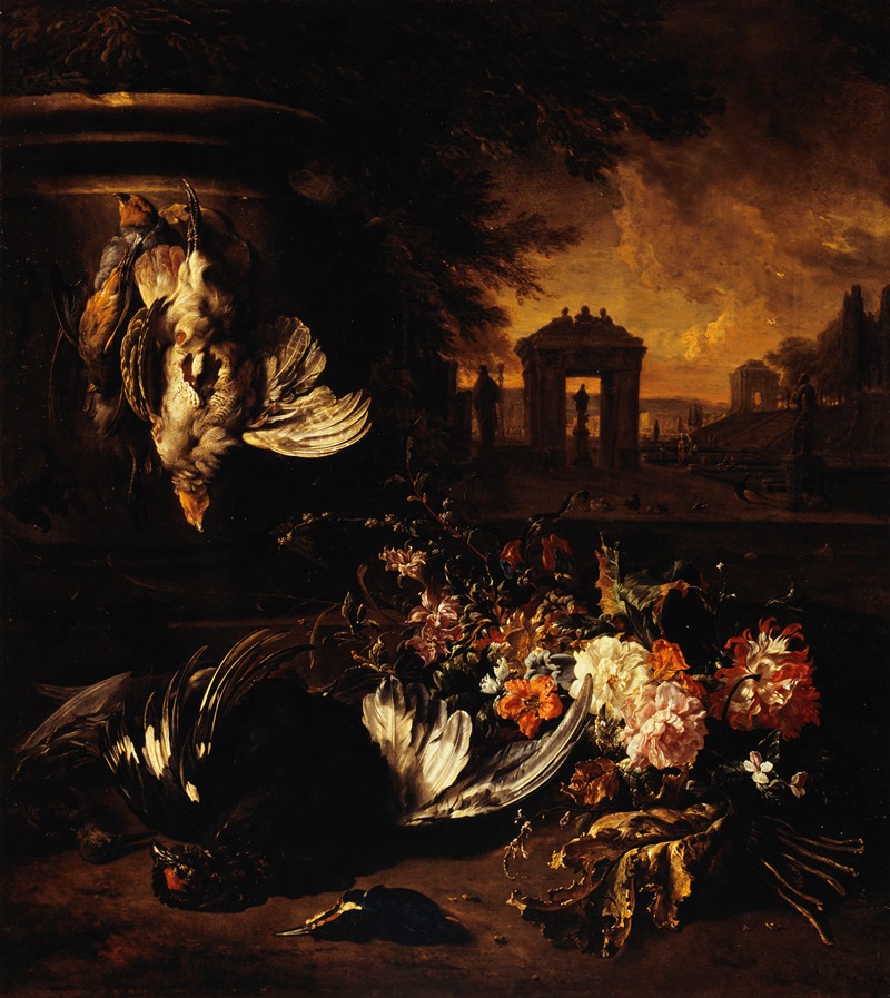 Jan Weenix - Fleurs et gibier mort devant un paysage