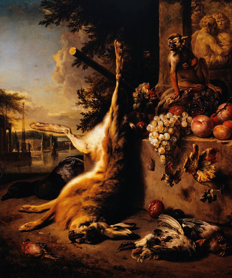 Jan Weenix - Gibier mort, singe et fruits devant un paysage