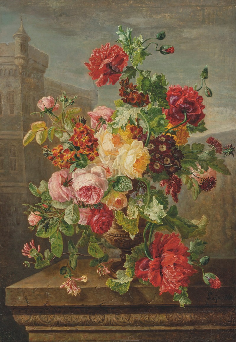 Jean-Pierre Lays - Roses, Poppies, Honeysuckle and Polyanthus, in a urn on a stone ledge