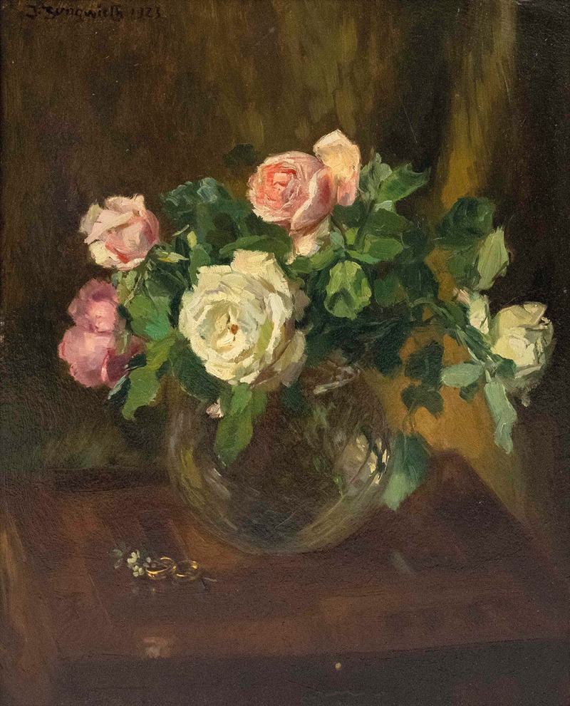 Josef Jungwirth - Stillleben mit Rosen in Glasvase und zwei Eheringen