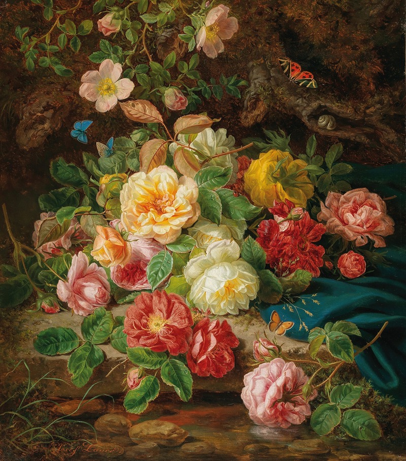 Josef Lauer - Still Life with Roses and Butterflies by a Brook in a Forest