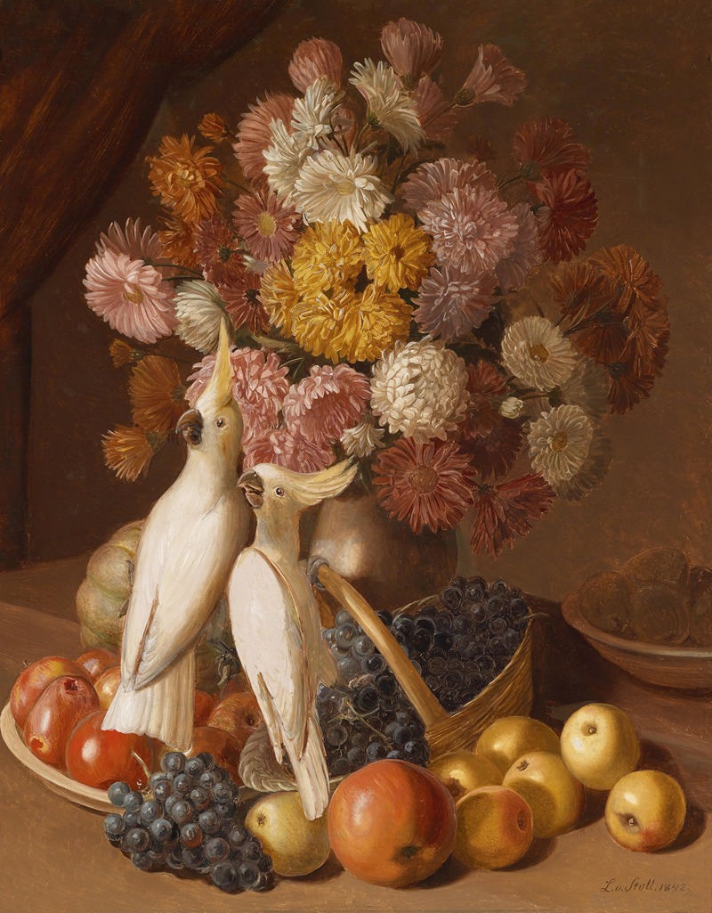 Leopold von Stoll - Blumenstillleben mit Früchten und Nymphensittichen