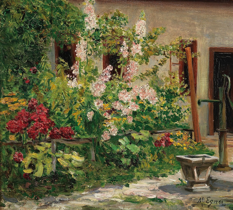 Marie Egner - Front Garden with Blossoming Hollyhocks