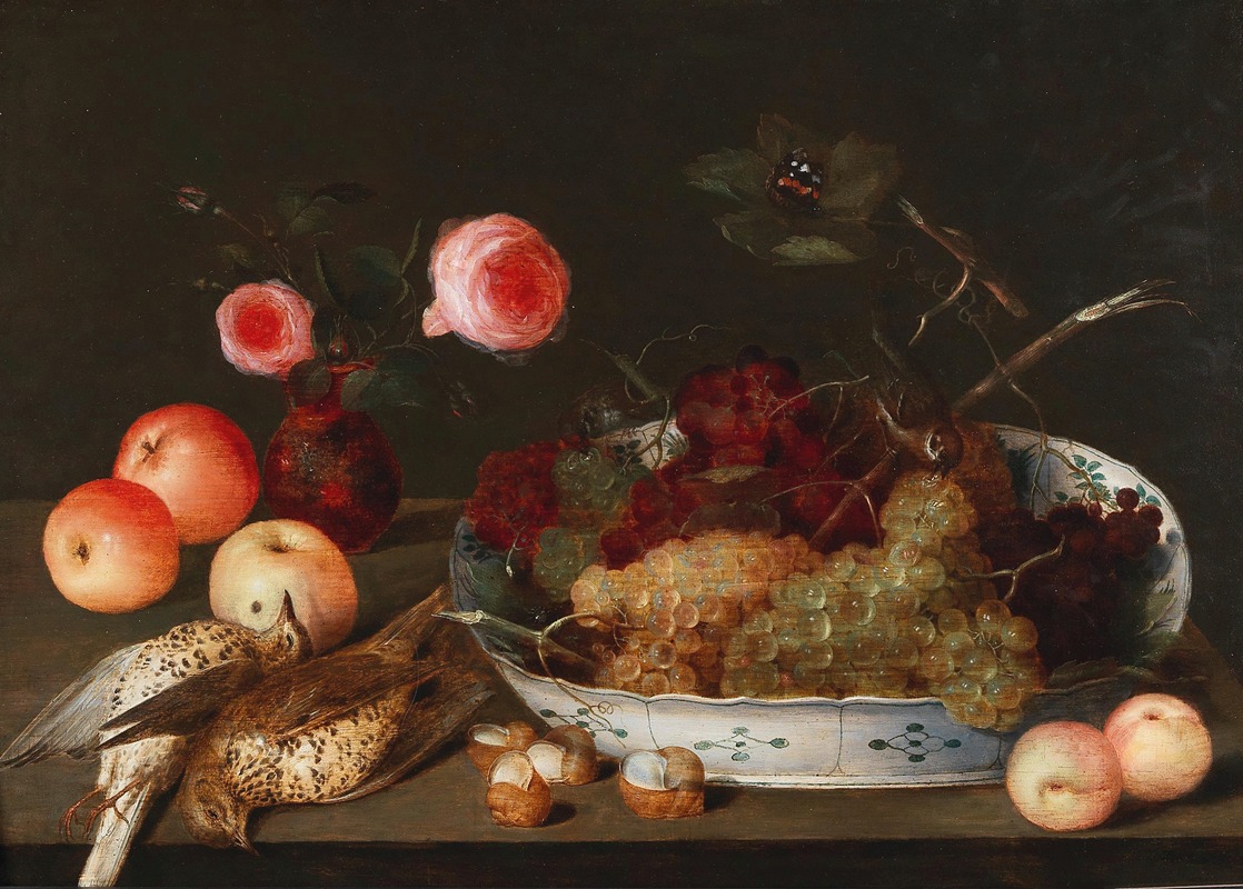 Peter Binoit - A fruit and flower still life with birds