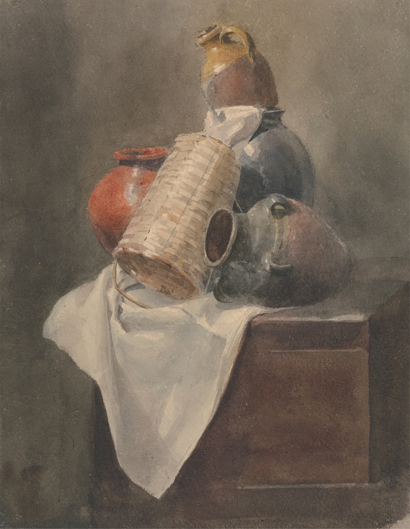 Peter DeWint - Still Life; Pots, Basket and Cloth on a Chest