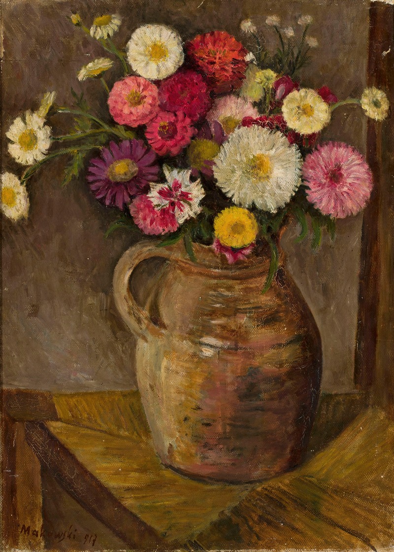 Tadeusz Makowski - Asters and zinnias in a clay jug