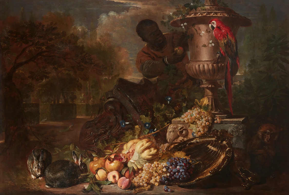 David de Coninck - A Still Life of Fruit on a Silver Dish with Figure, Rabbits, Parrot, and Monkey Beneath a Broken Capital and an Ornamental Urn