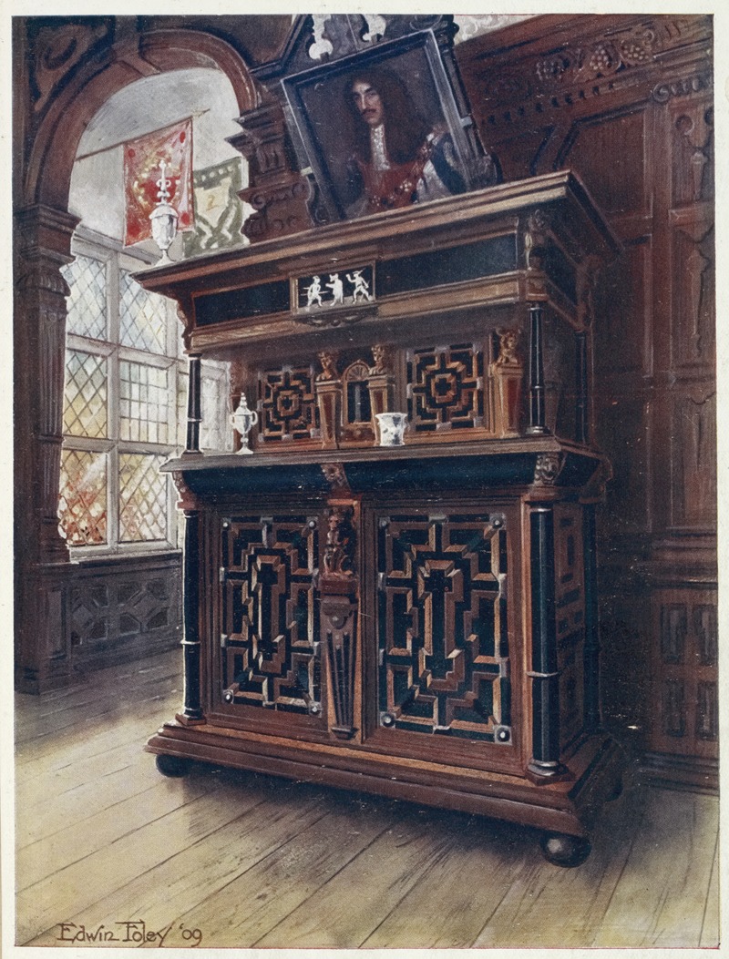 Edwin Foley - A cabinet of oak and walnut, with ebony panels and columns, inlaid with rosewood and ivory engraved