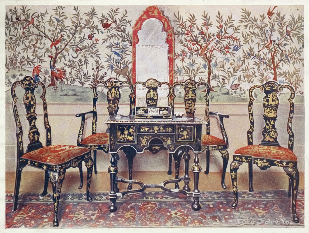 Edwin Foley - Black lacquer settee, chairs and table, red lacquer mirror