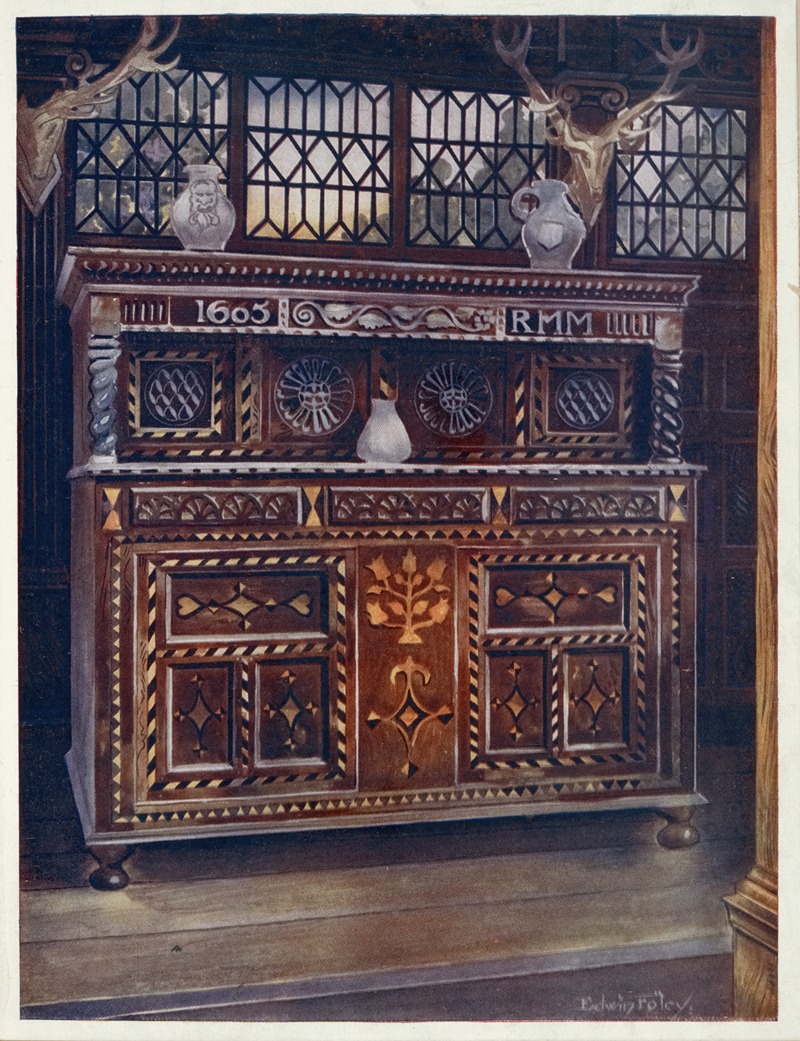 Edwin Foley - Carved and inlaid oak court cupboard.