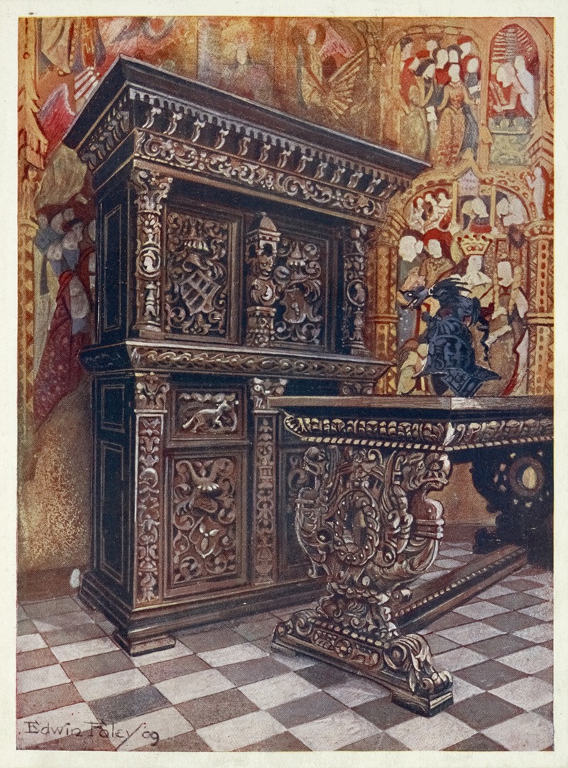 Edwin Foley - Carved oak armoire, Carved oak table