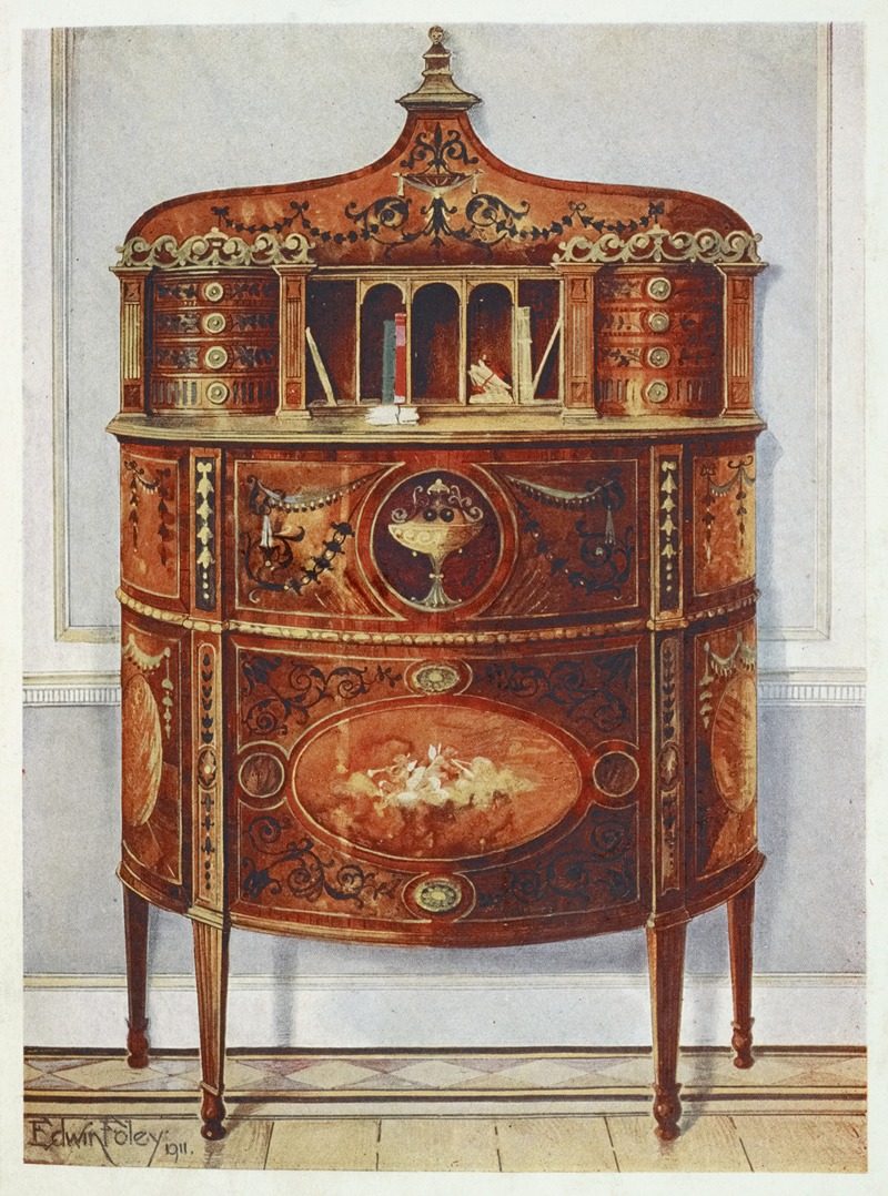 Edwin Foley - Inlaid and painted satinwood writing-desk cabinet, ormolu mounted