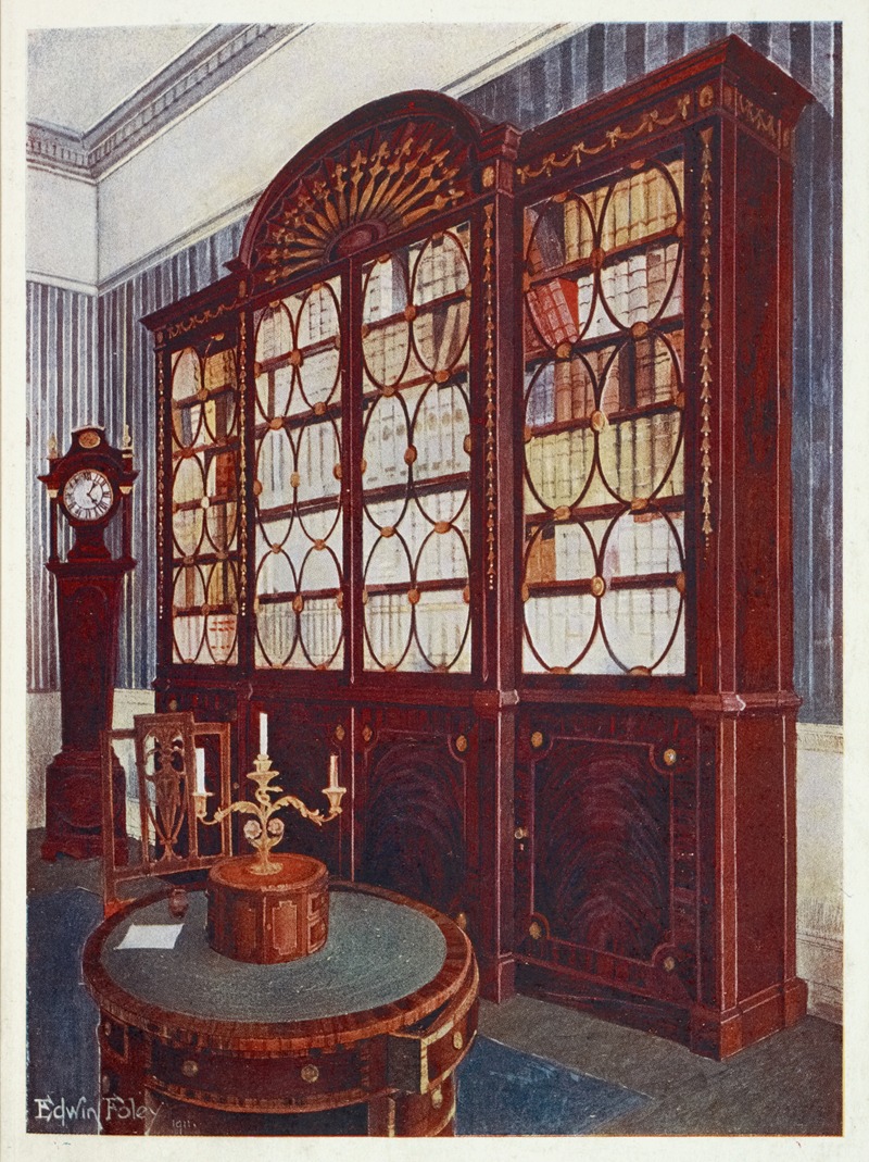 Edwin Foley - Inlaid mahogany break-front bookcase, Mahogany pedestal centre table