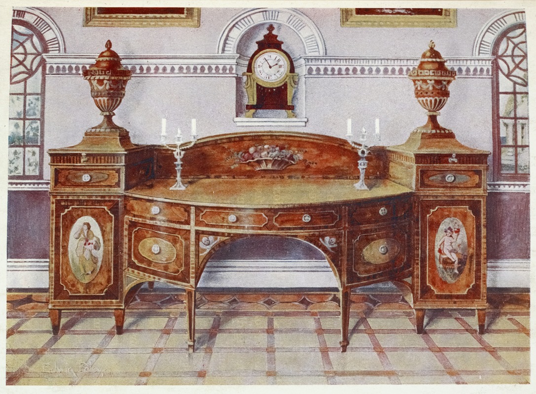 Edwin Foley - Painted and inlaid satinwood sideboard, Mahogany bracket clock