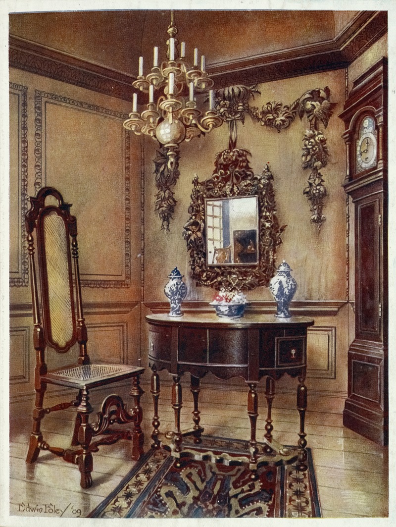 Edwin Foley - Panelling, from an old house, Mirror frame, Walnut table, walnut chair, Walnut high-case clock