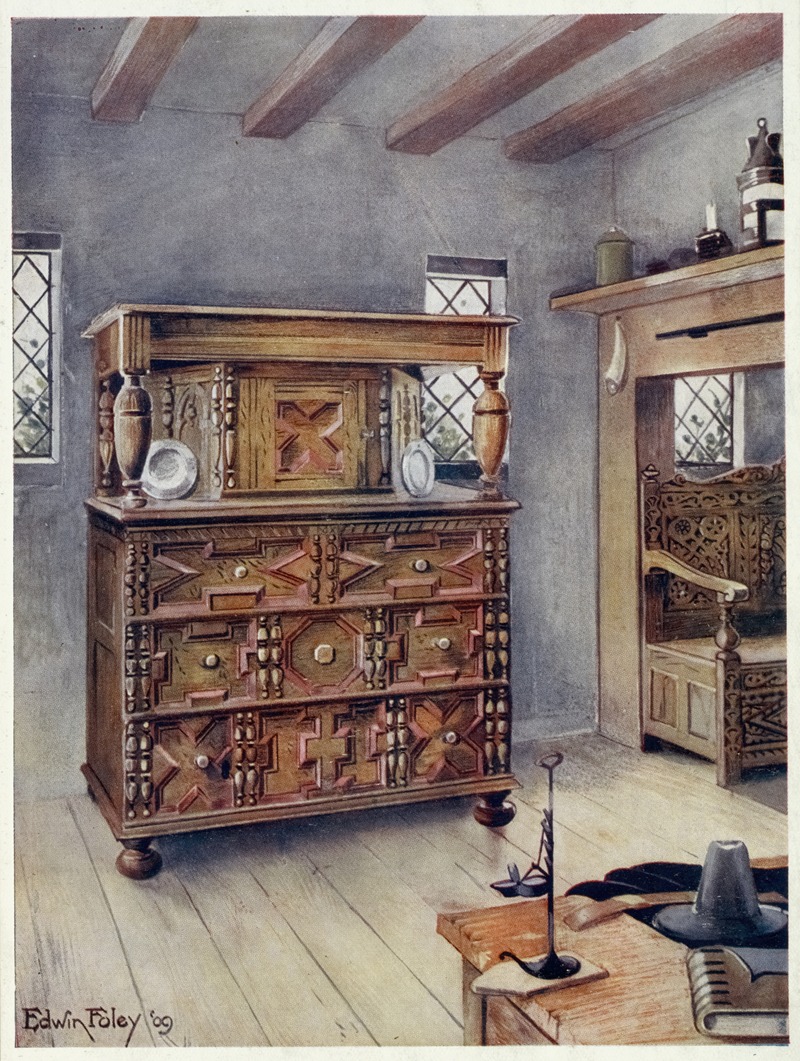 Edwin Foley - The Putnam cupboard of English oak and cedar, Carved settle of American Oak