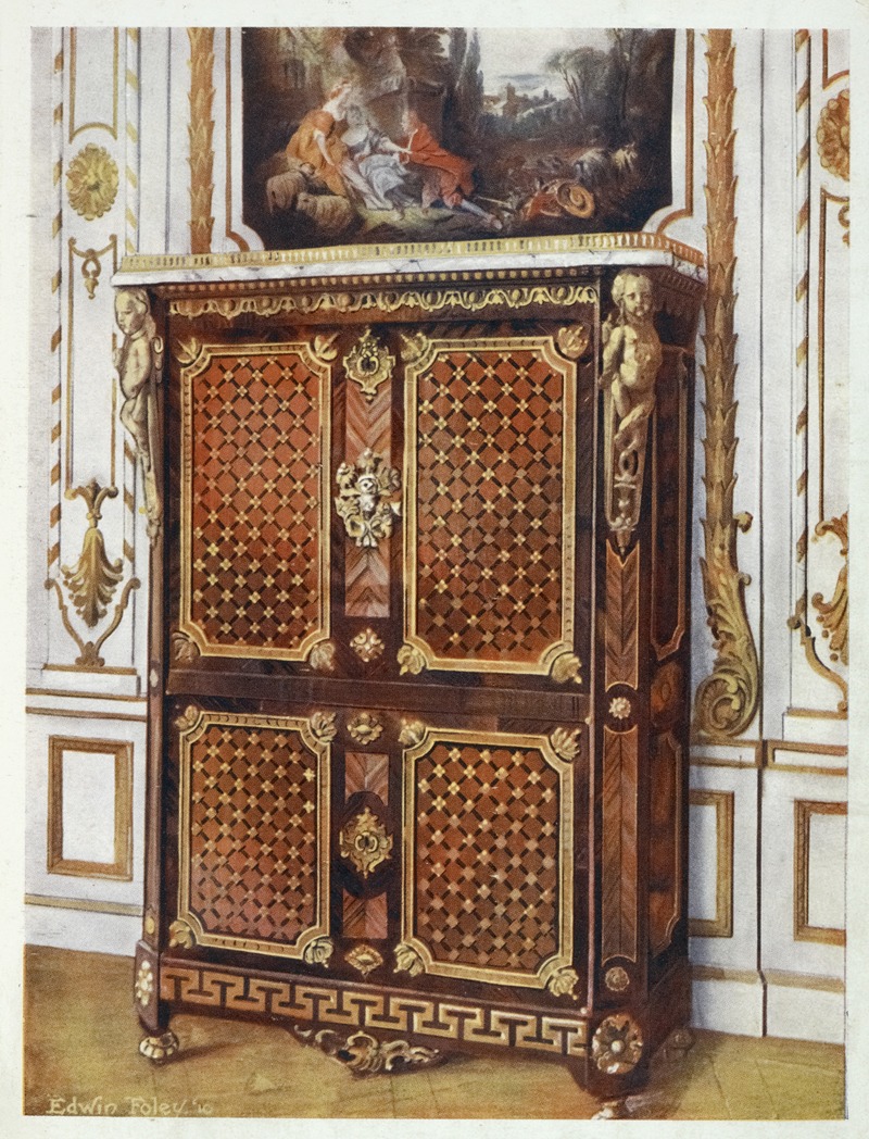 Edwin Foley - Upright secrétaire in parqueterie of various woods, with ormolu-mounted rosettes, etc