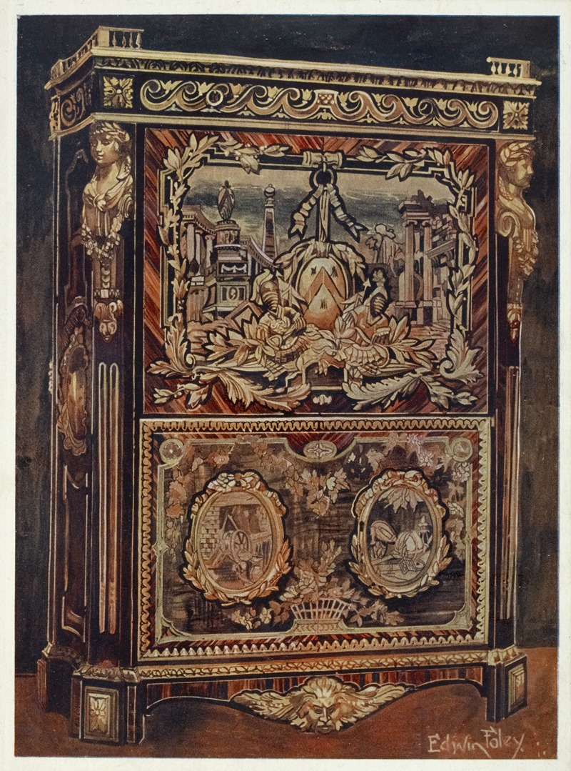 Edwin Foley - Upright secrétaire inlaid in various woods, with cast, chased, and gilt bronze mounts