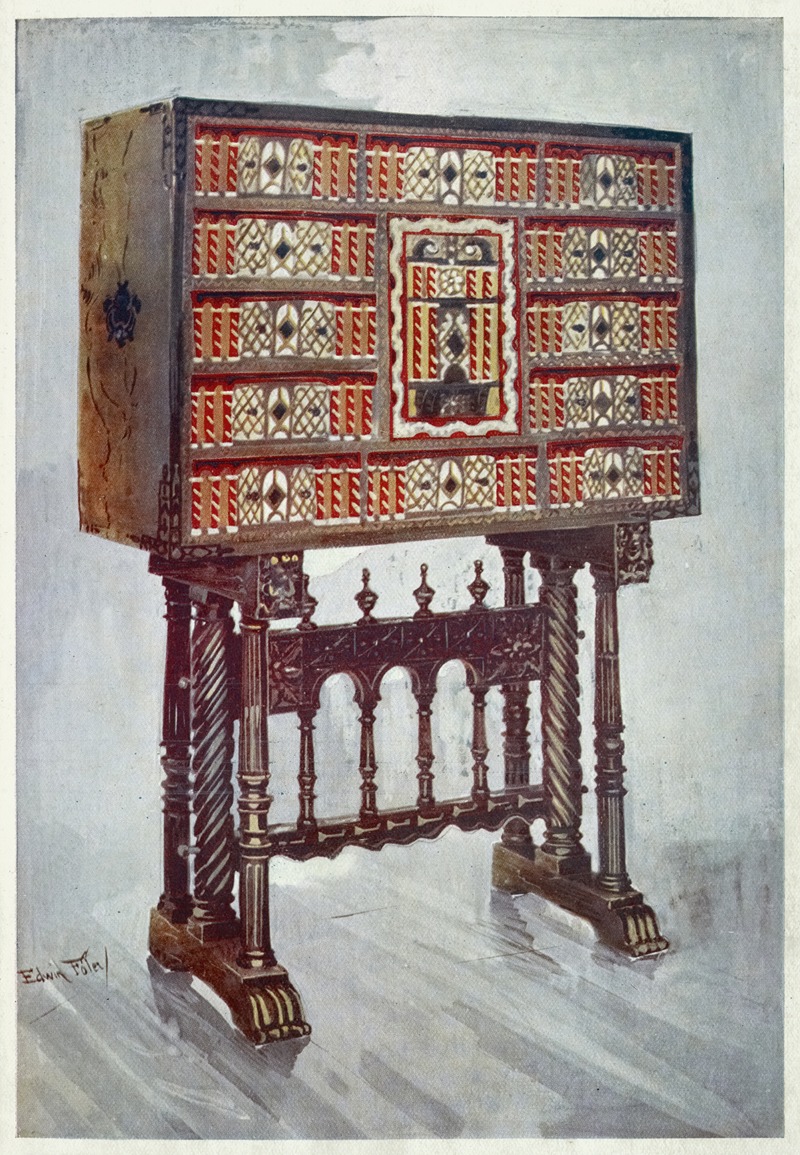 Edwin Foley - Vargueno cabinet of chestnut, ivory, etc., painted and gilt with wrought-iron and steel mounts
