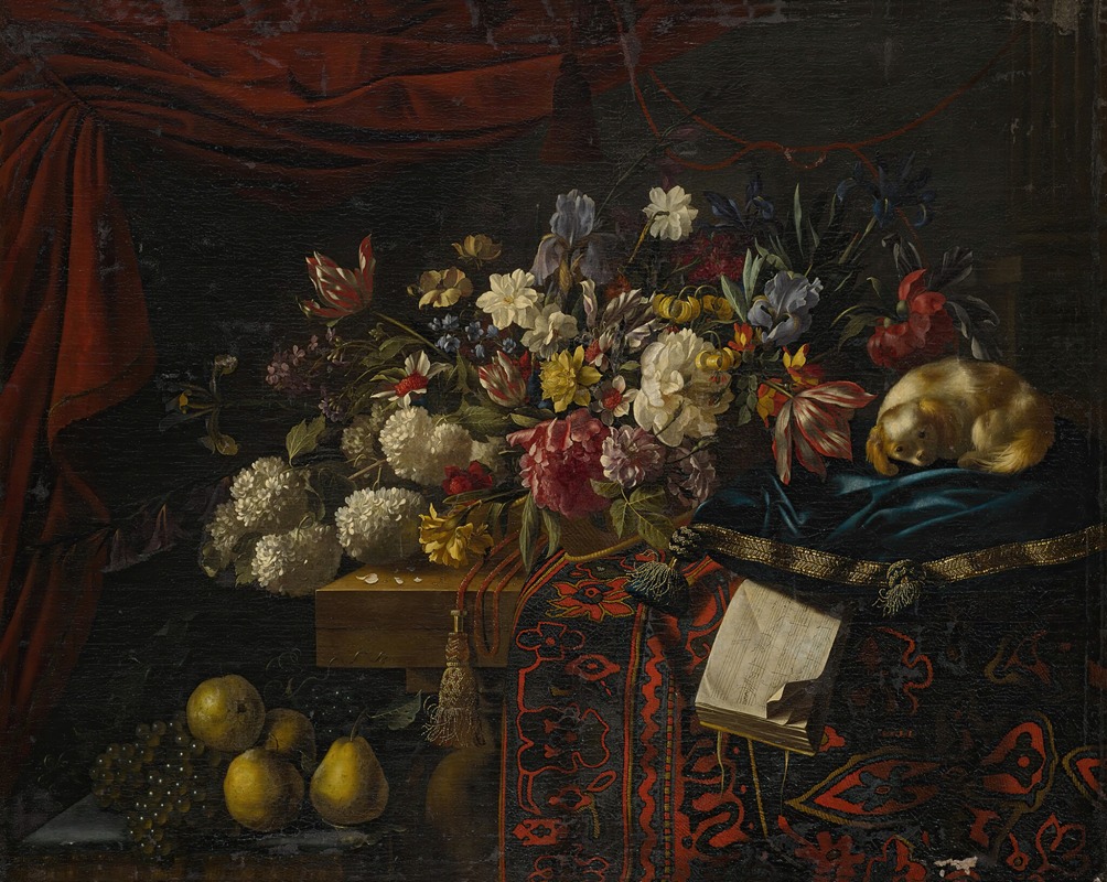 François Habert - A still life of flowers set on a table with a carpet, a music book and a dog seated on a pillow