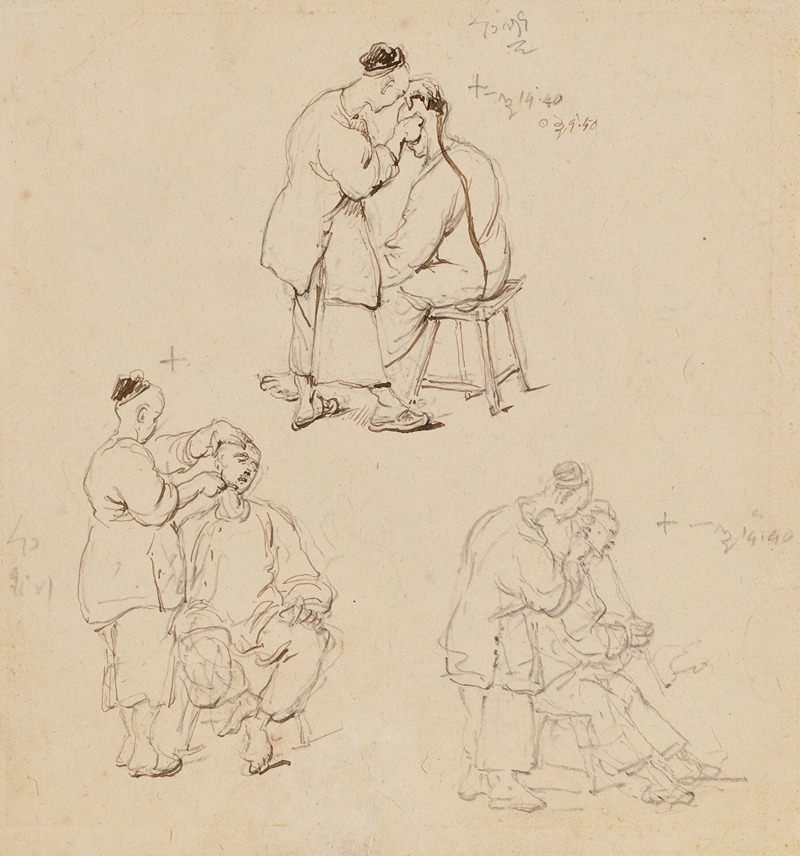 George Chinnery - Three studies of a Chinese barber