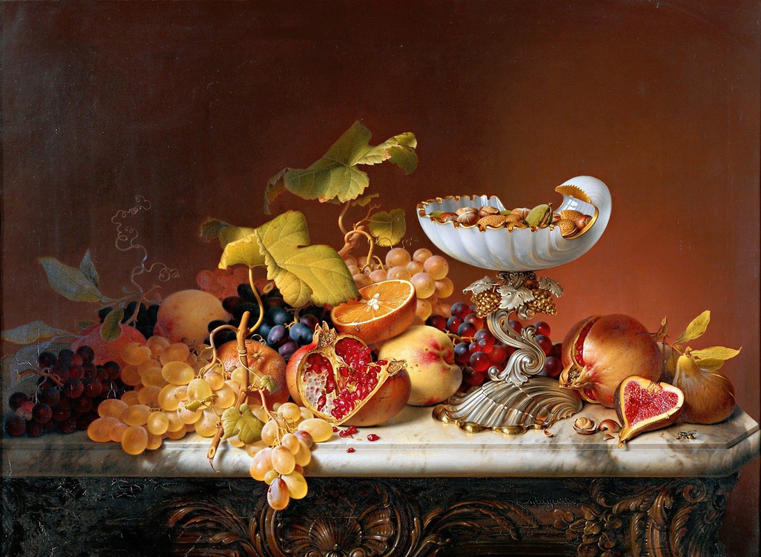 Johann Wilhelm Preyer - Tropical fruits with milk glass shell in shell shape