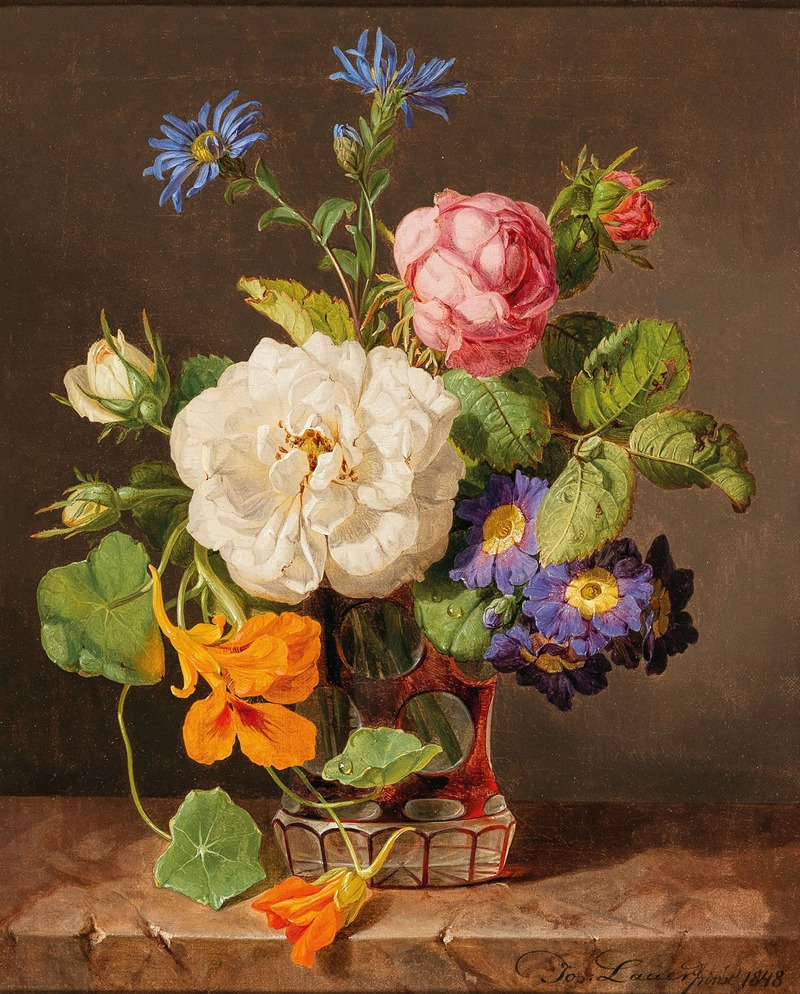 Josef Lauer - A Bouquet of Flowers with White and Red Roses, Primroses and Nasturtium