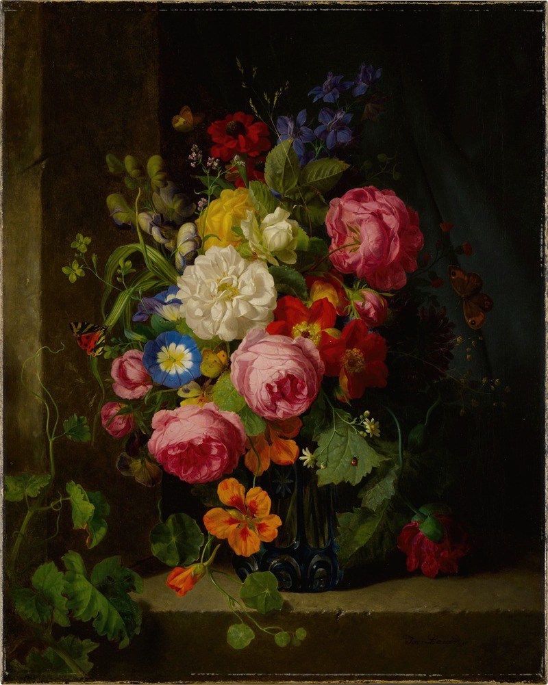 Josef Lauer - Still Life of Flowers in a Blue Crystal Vase