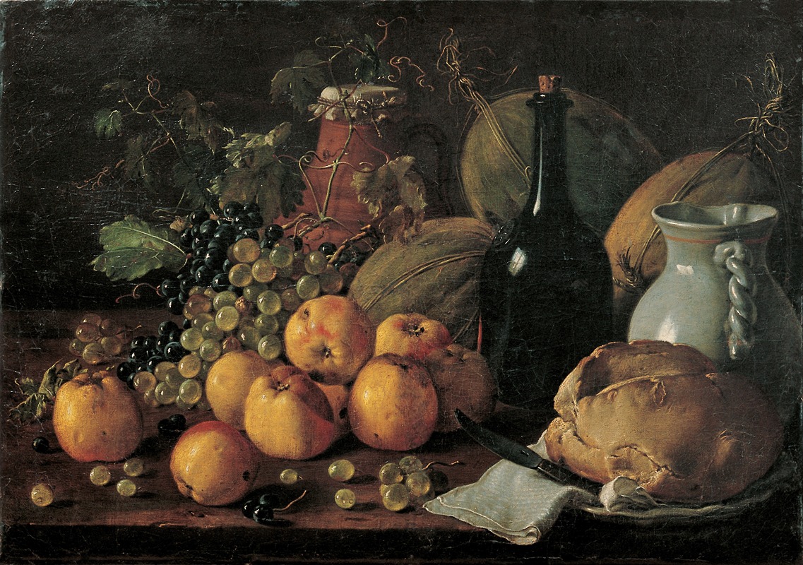 Luis Meléndez - Still Life with Apples, Grapes, Melons, Bread, Jug and Bottle