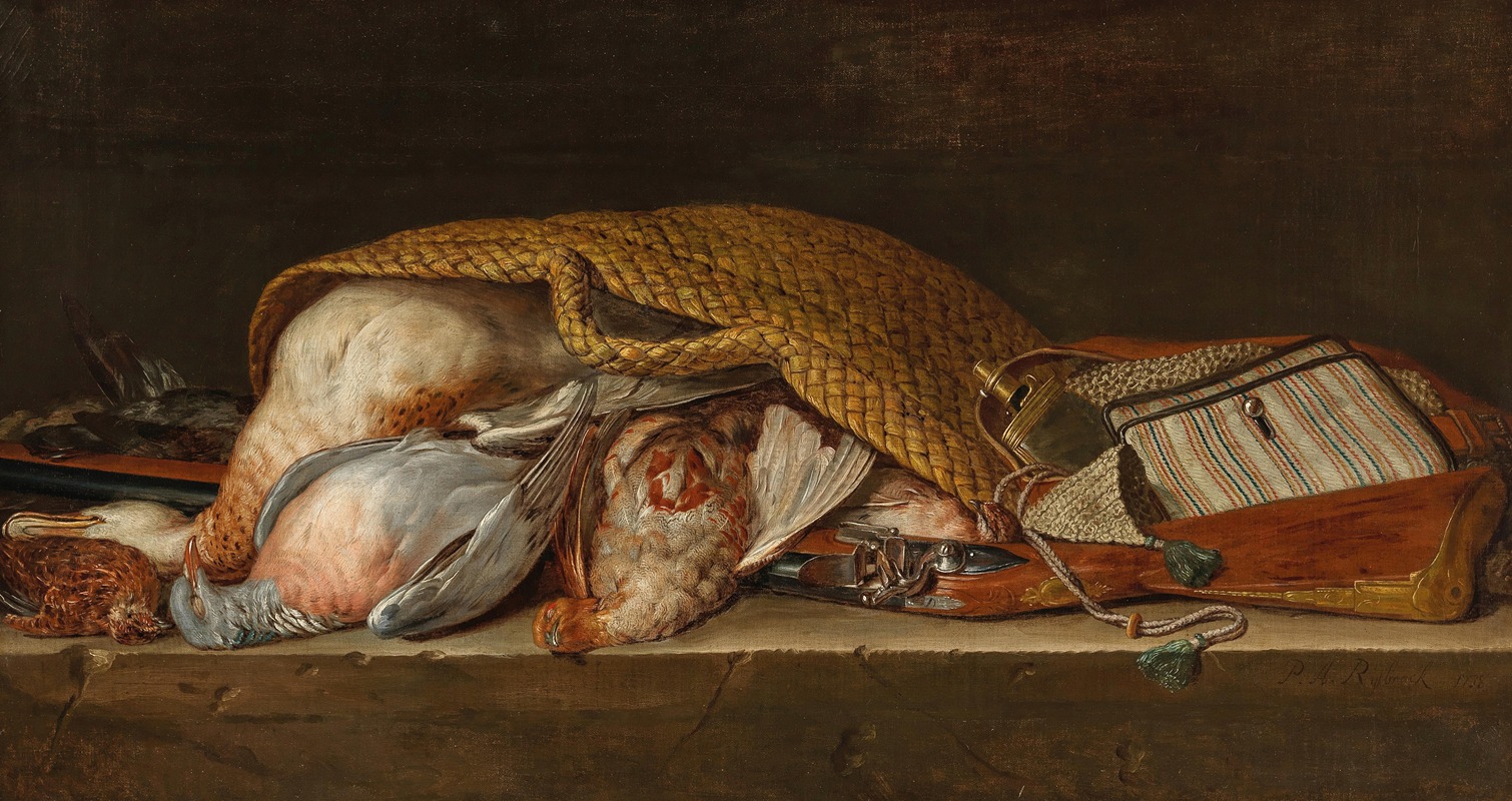 Pieter Andreas Rysbraeck II - A hunting still life with fowl in a wicker basket