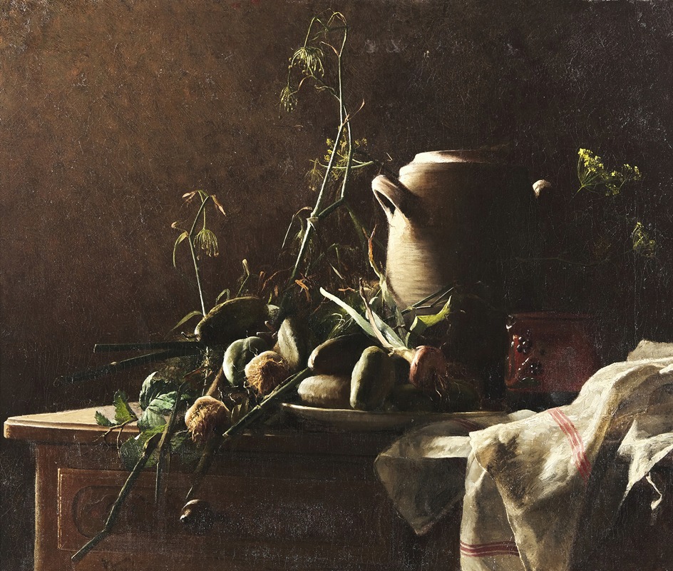 Robert Wylie - Still Life with Leeks, Potatoes and Fennel on Commode Tabletop