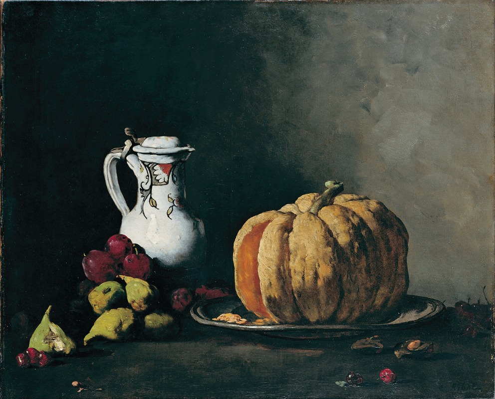 Théodule Ribot - Still Life with Pumpkin, Plums, Cherries, Figs and Jug