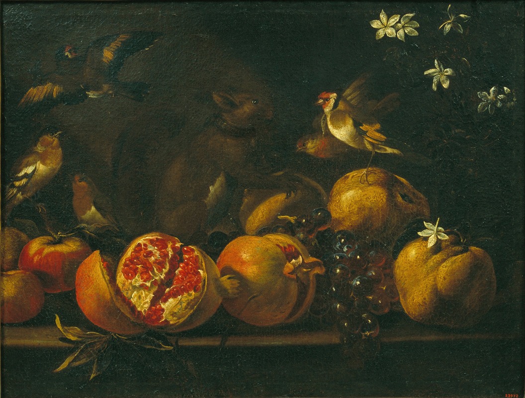 Tommaso Realfonso - Still Life with Pomegranates, Grapes, Birds and a Squirrel