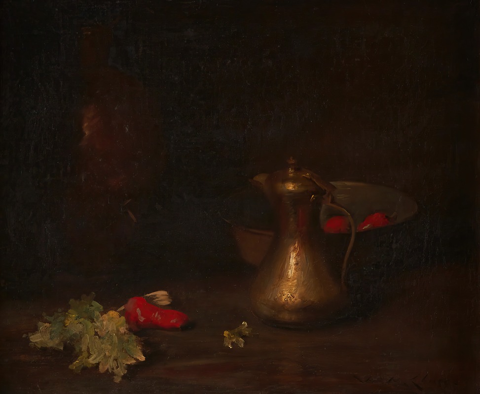 William Merritt Chase - Still Life with Brass Jug, Metal Bowl, Lettuce and Red Peppers