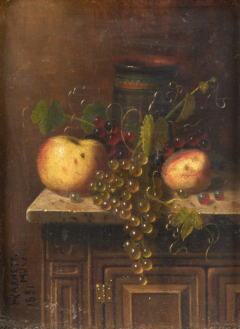 William Michael Harnett - Still Life with Egyptian Vase, Apples and Grapes on a Marble Top Console