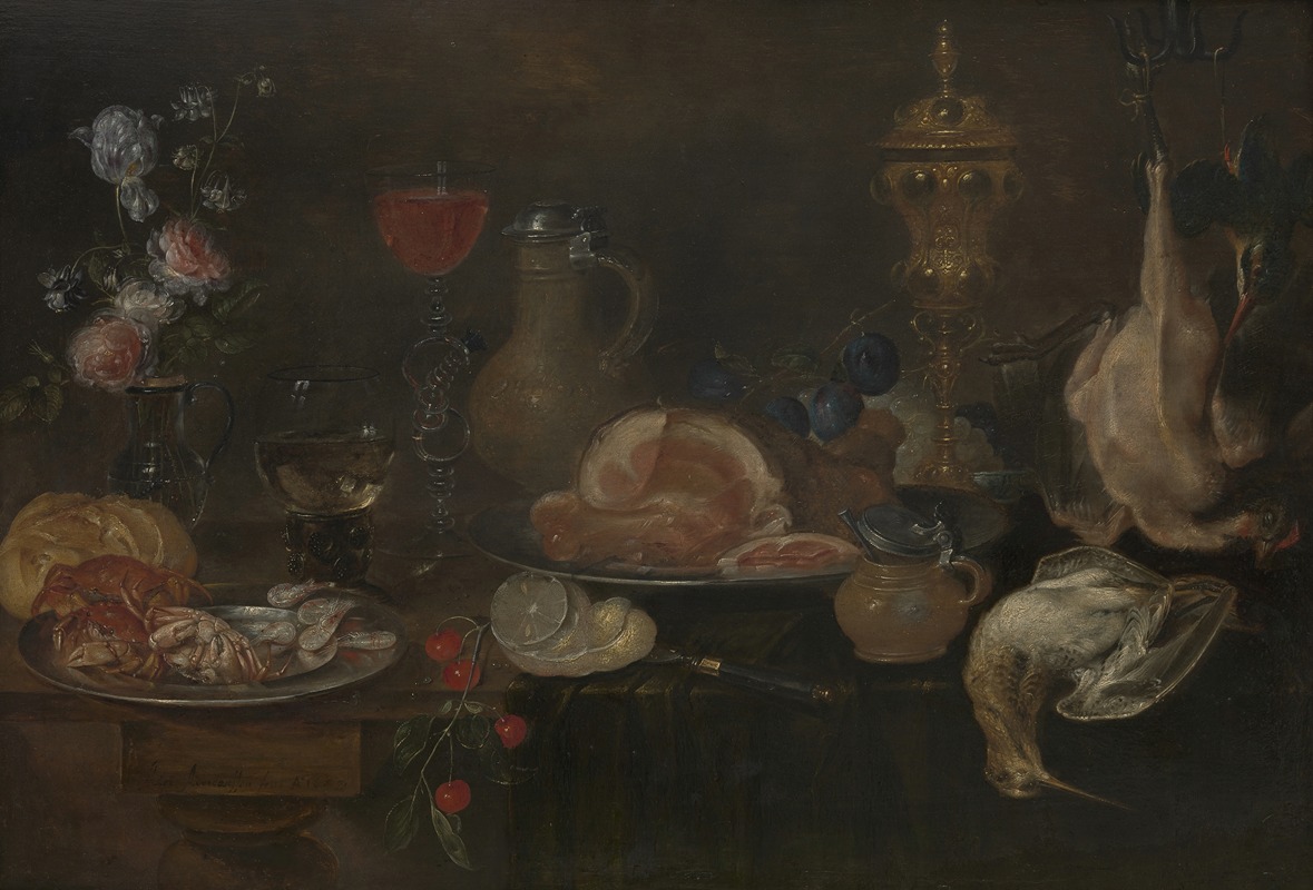 Alexander Adriaenssen - Still life with flowers, ham, game, shellfish and fruit