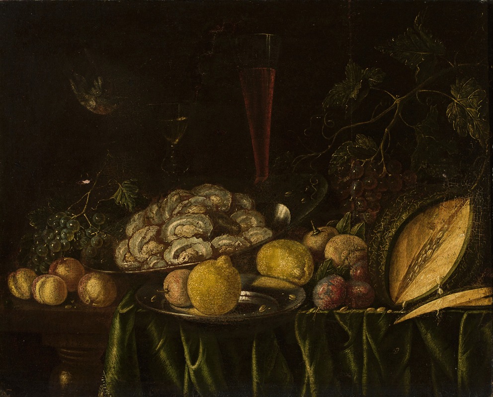 Cornelis de Bryer - Still life with – fruit, mussels and a bird