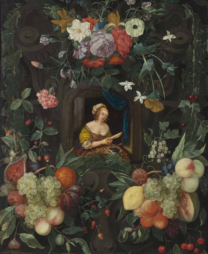 Cornelis van Huynen - Portrait of a lady in a circle of flowers