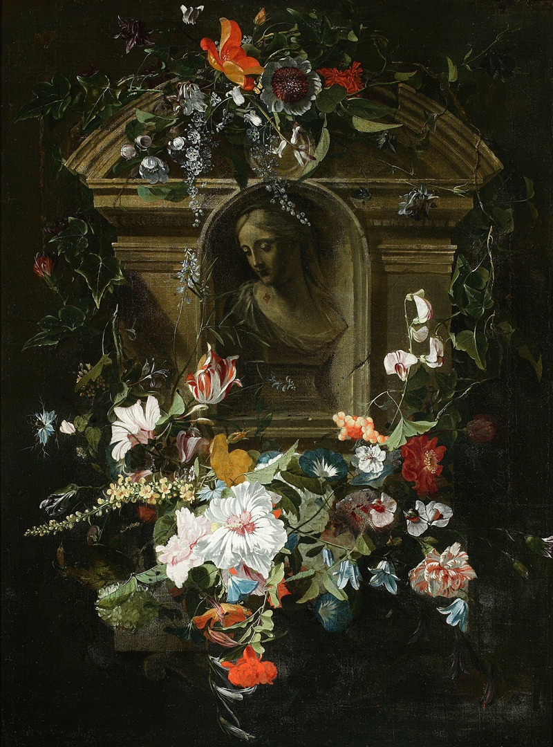 Daniel Seghers - Bust of a woman in a circle of flowers