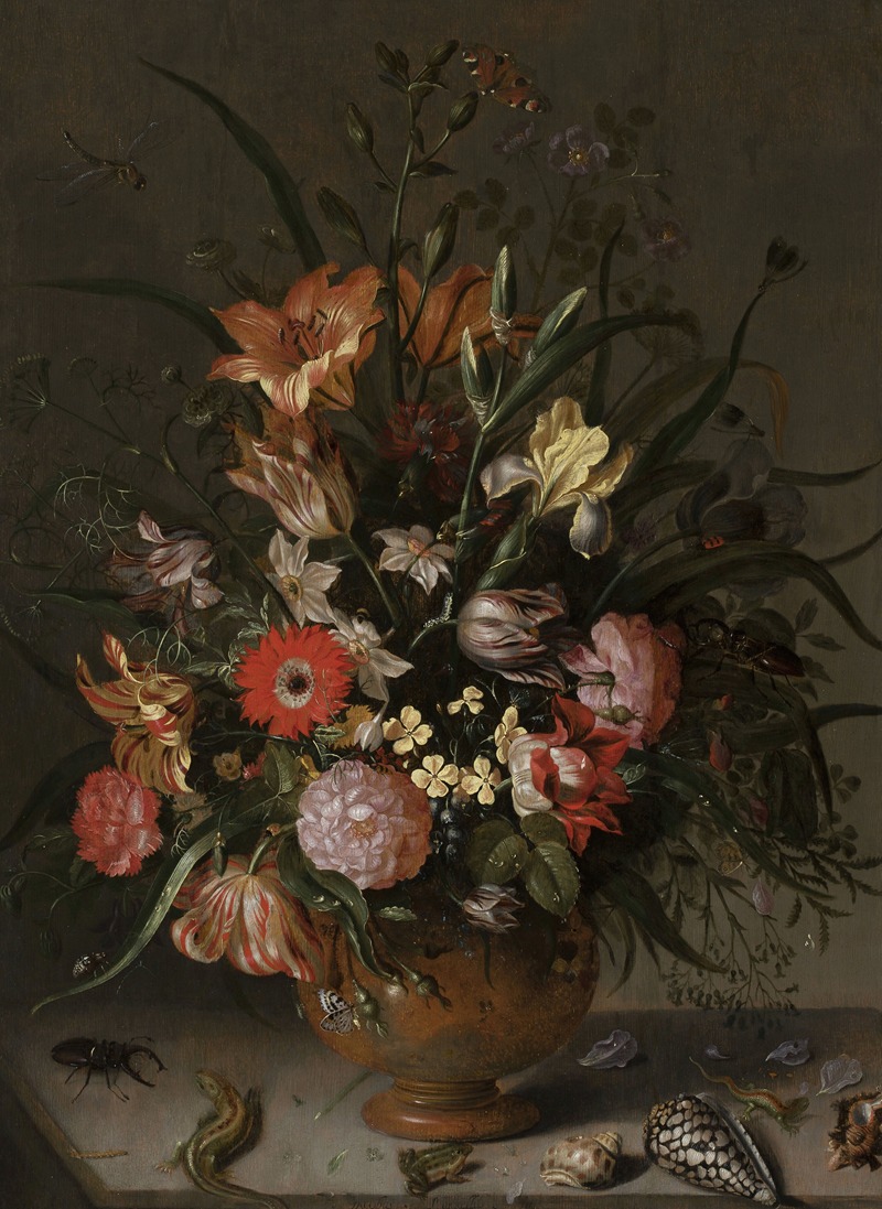 Jacob Marrel - Bouquet of flowers in a vase, insects and tiny creatures