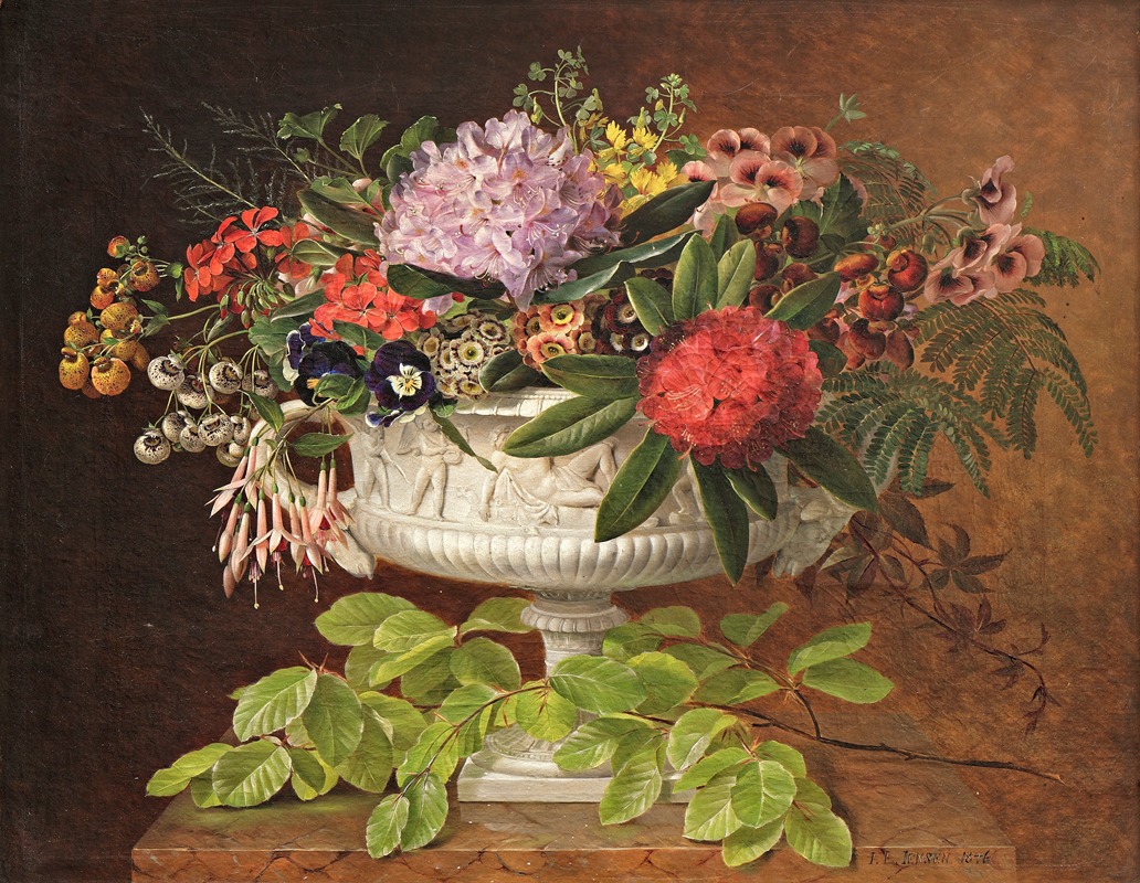 Johan Laurentz Jensen - Flowers in a centrepiece on a marble windowsill with a beech branch