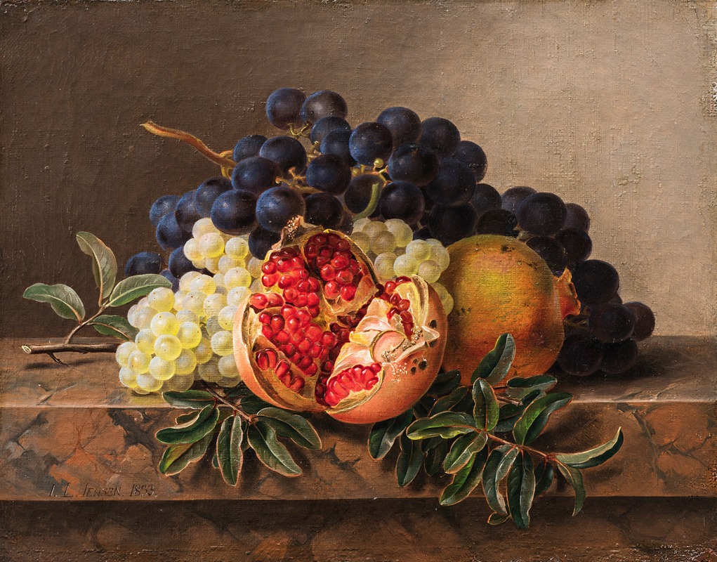 Johan Laurentz Jensen - Pomegranates and green and blue grapes on a marble frame