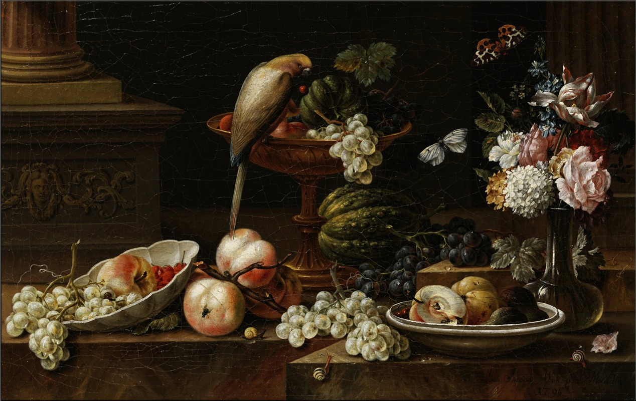 Johann Amandus Winck - Still Life with flowers and fruits, a perroquet and various insects on a ledge